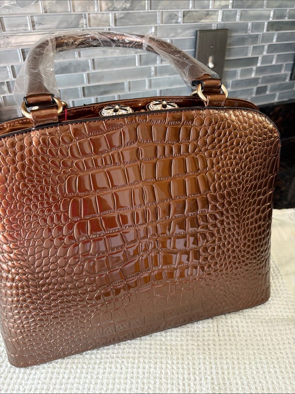 Croc-Embossed Structured Satchel in Brown